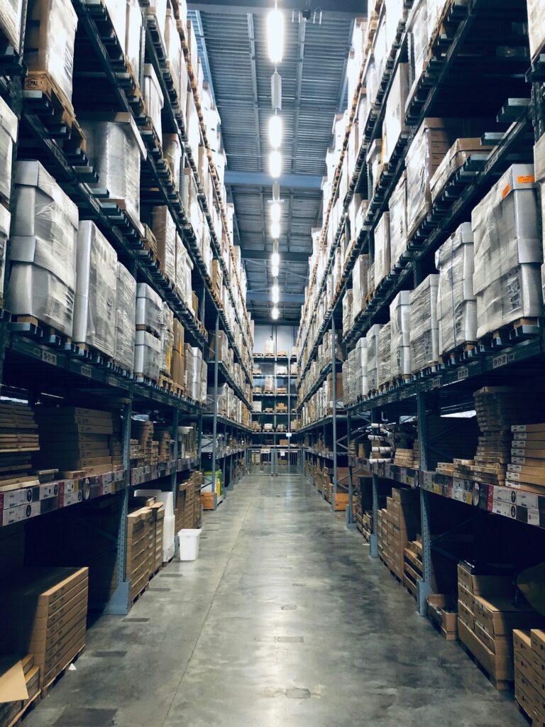 Stocked warehouse racks in a distribution center
